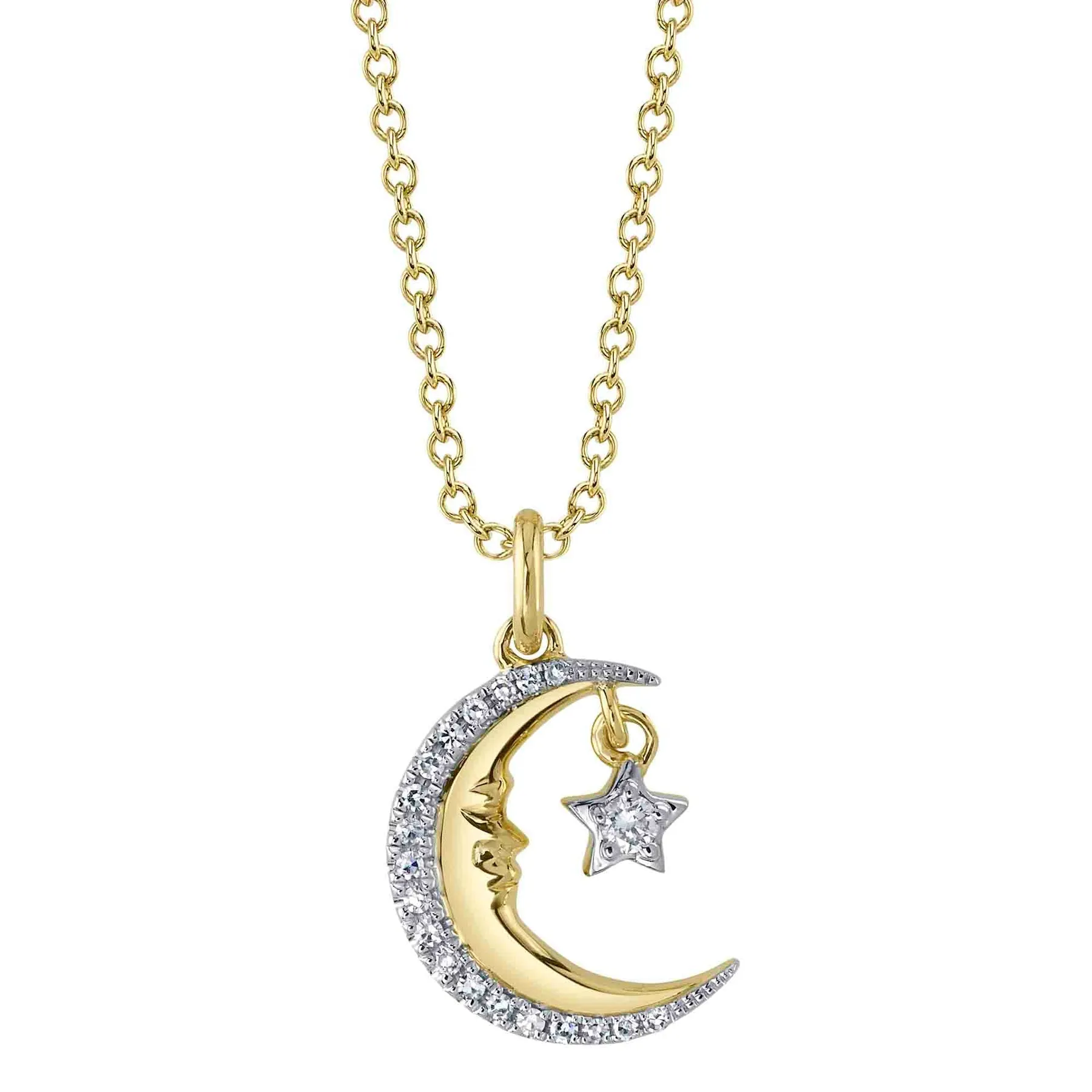 14K Gold Diamond Crescent Moon & Star Pendant Necklace