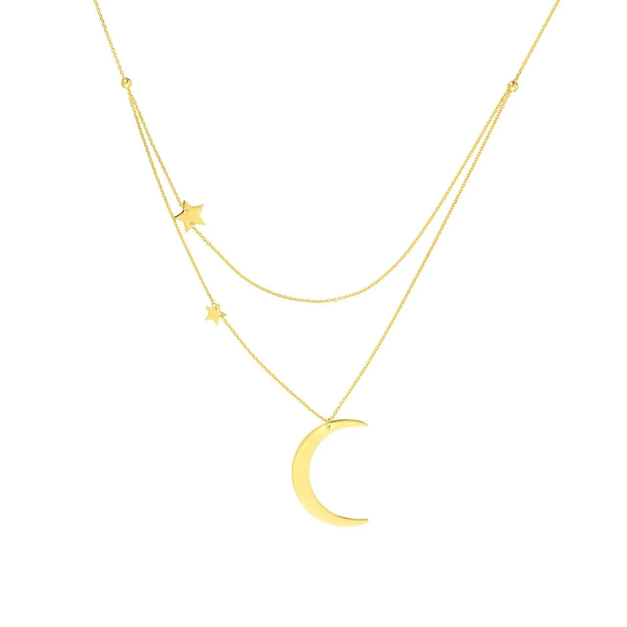 14K Gold Layered Crescent Moon and Stars Necklace