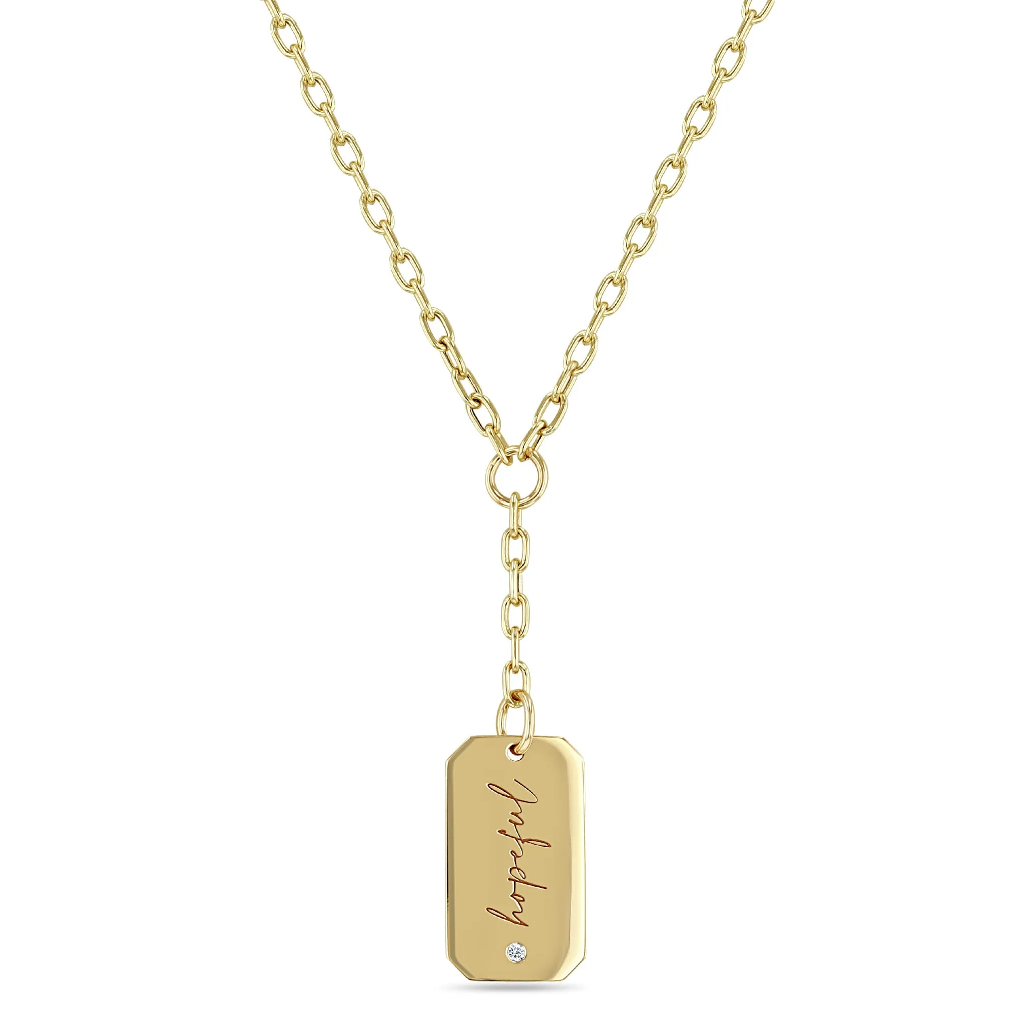 14k Medium hopeful Square Edge Dog Tag Lariat on Small Square Oval Chain