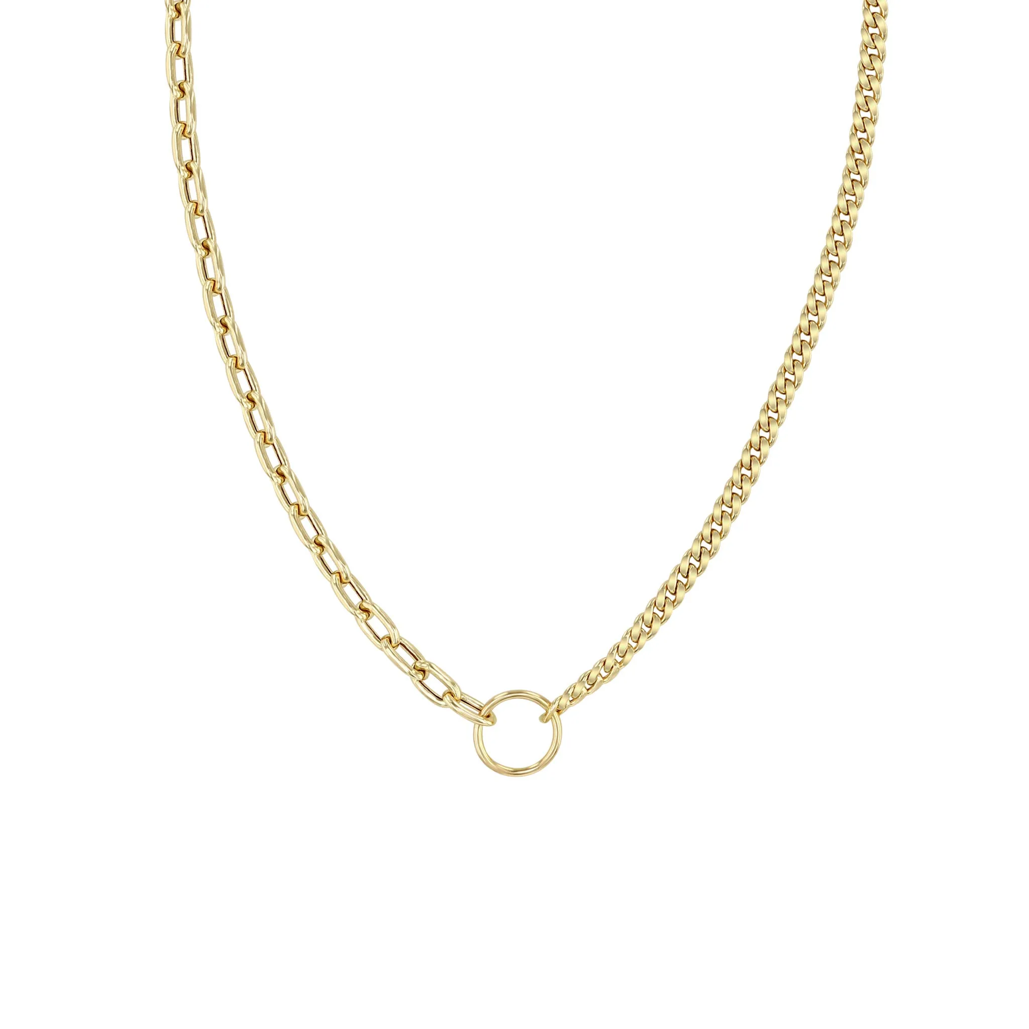 14k Mixed Small Curb & Medium Square Oval Link Chain Circle Necklace