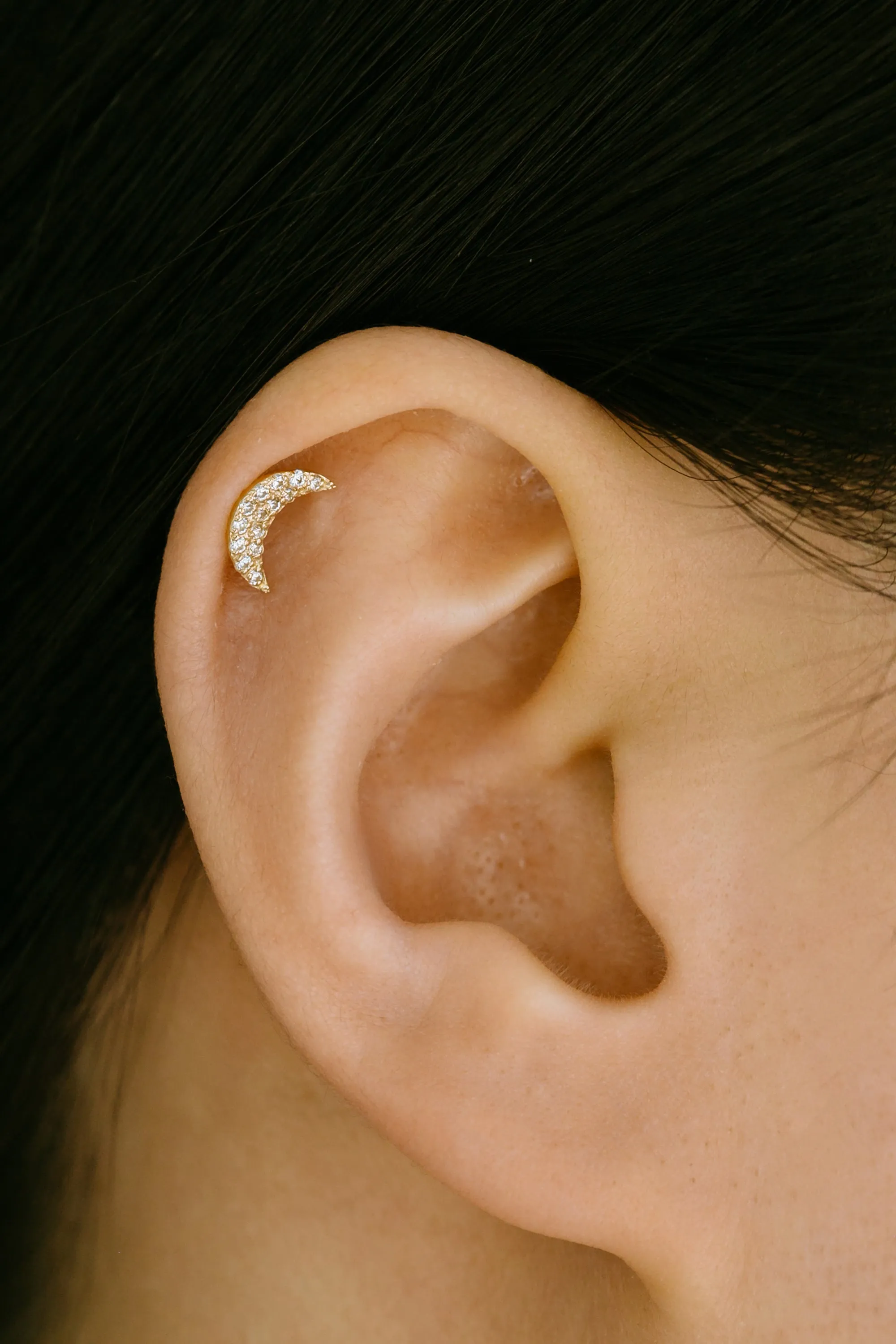 14K Solid Gold Cartilage Helix Tragus Inner Conch Delicate Half Crescent Moon Internally Internal Threaded Earring Labret