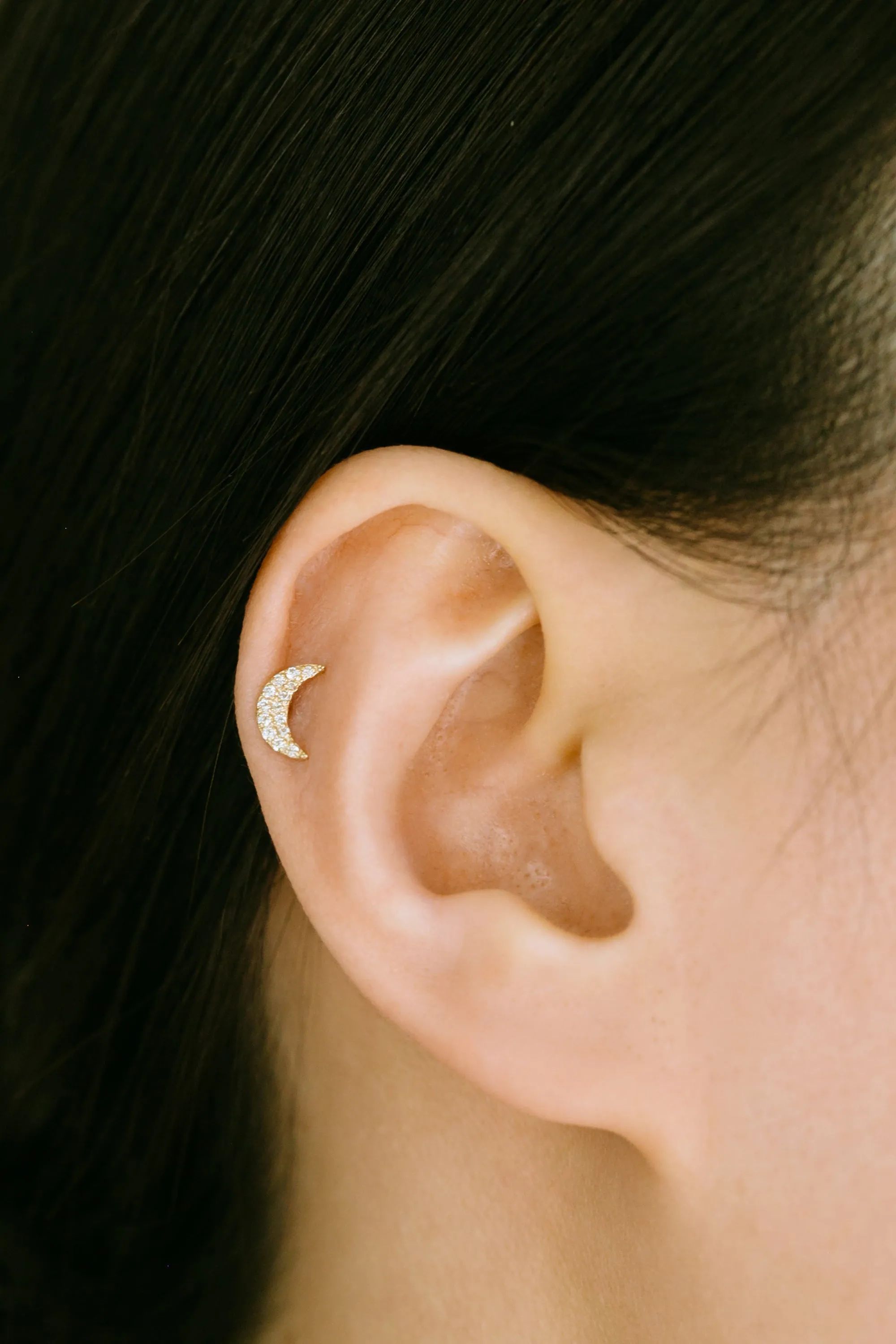 14K Solid Gold Cartilage Helix Tragus Inner Conch Delicate Half Crescent Moon Internally Internal Threaded Earring Labret