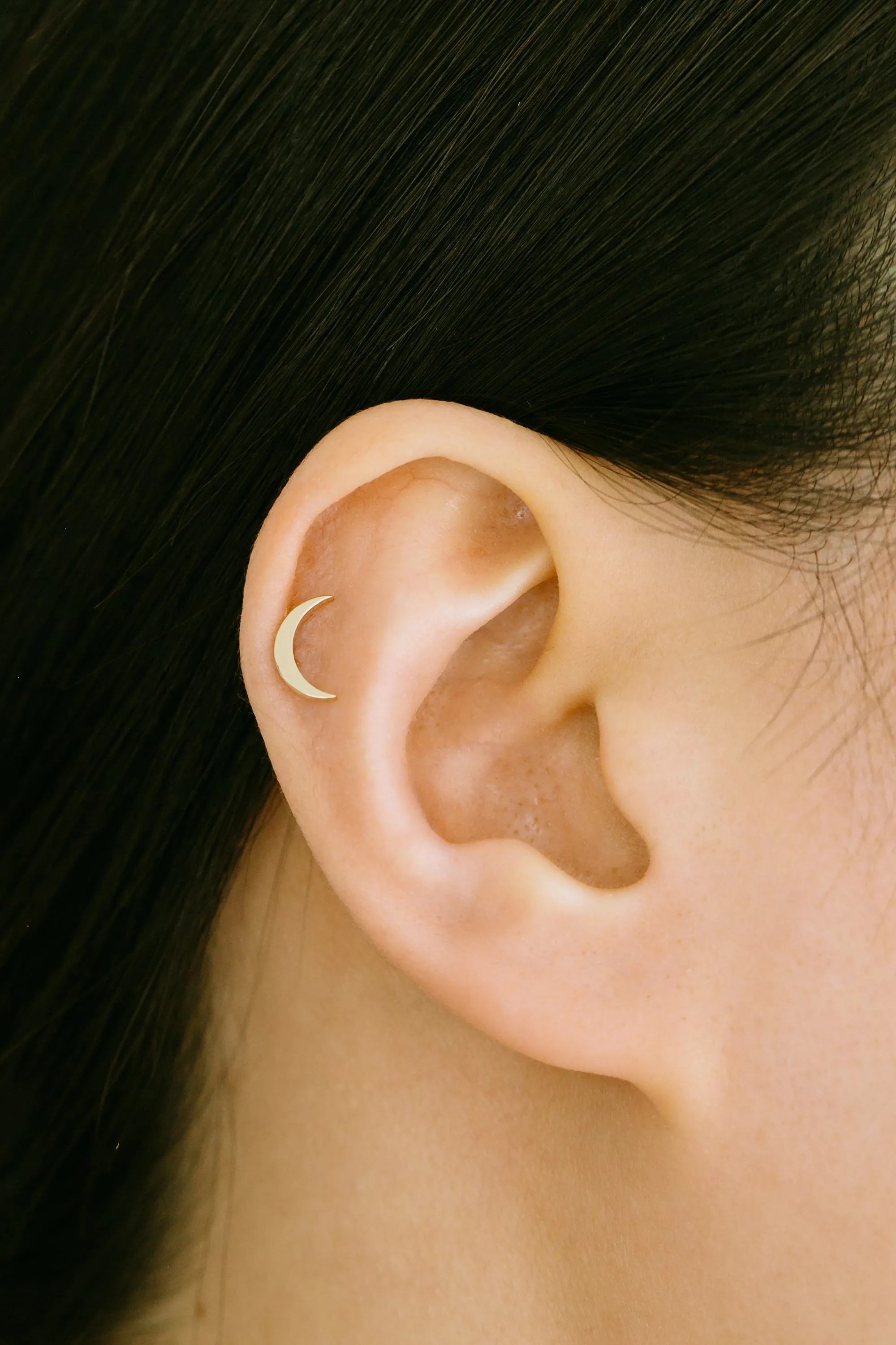 14K Solid Gold Cartilage Helix Tragus Inner Conch Delicate Half Crescent Moon Internally Internal Threaded Earring Labret