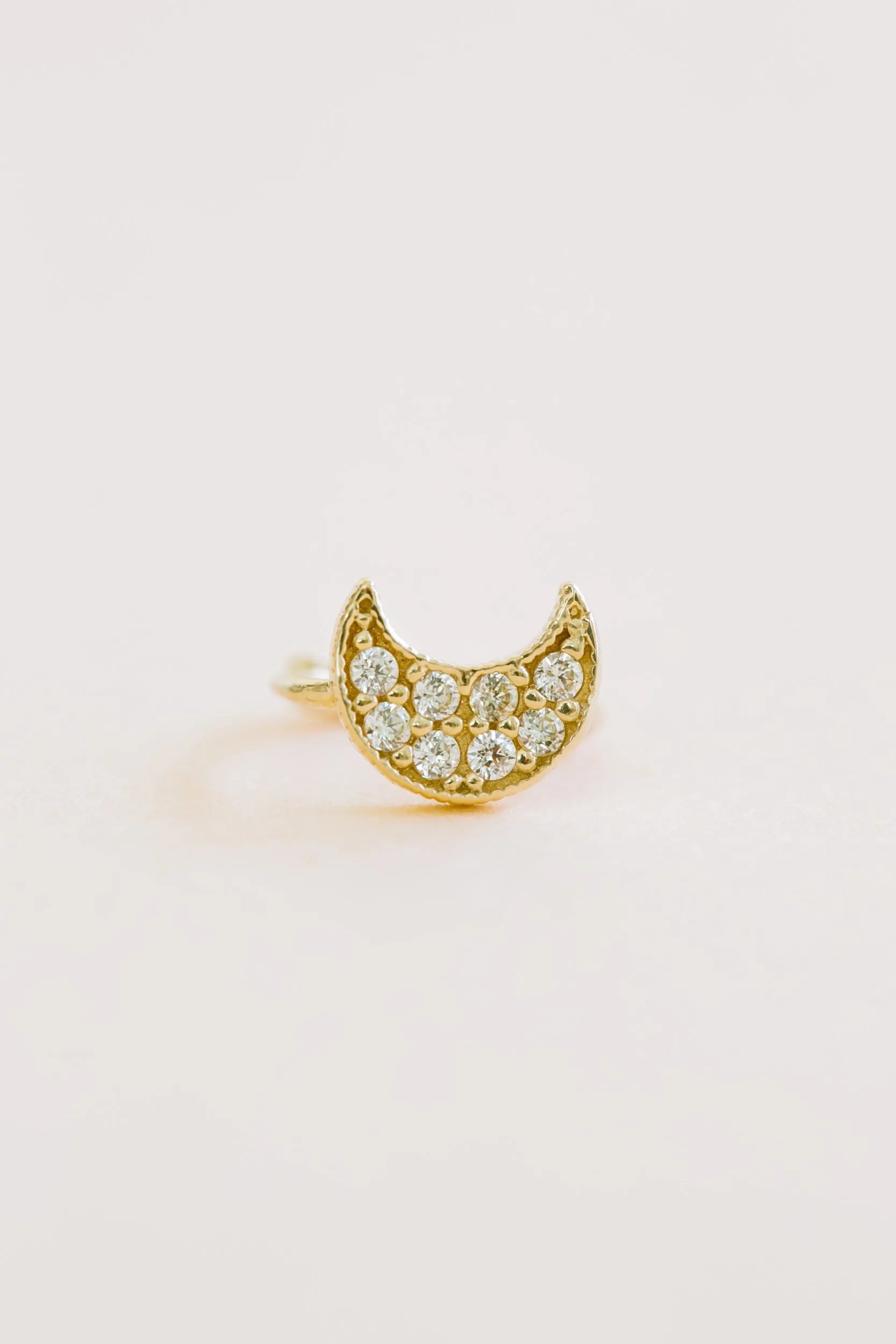 14K Solid Gold Jewelry Delicate Cz Half Crescent Moon Earring Hoop Ring