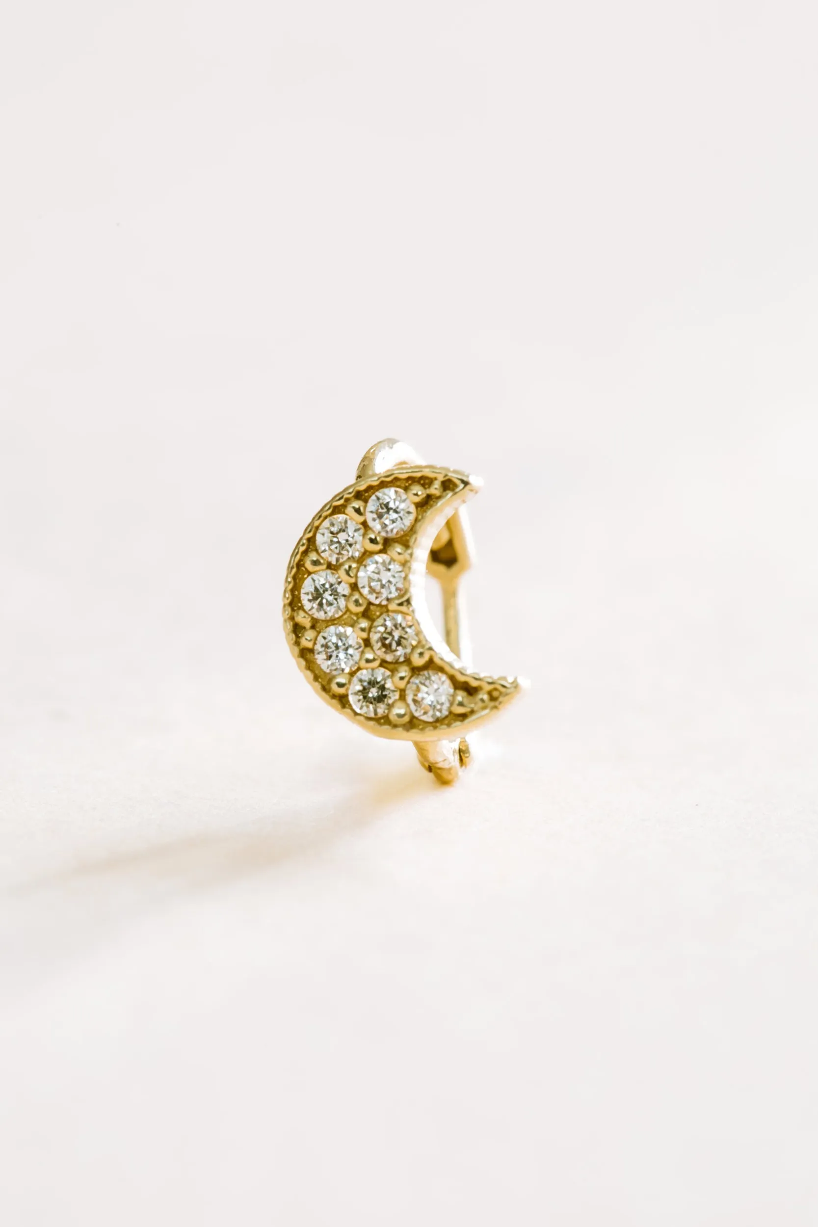 14K Solid Gold Jewelry Delicate Cz Half Crescent Moon Earring Hoop Ring