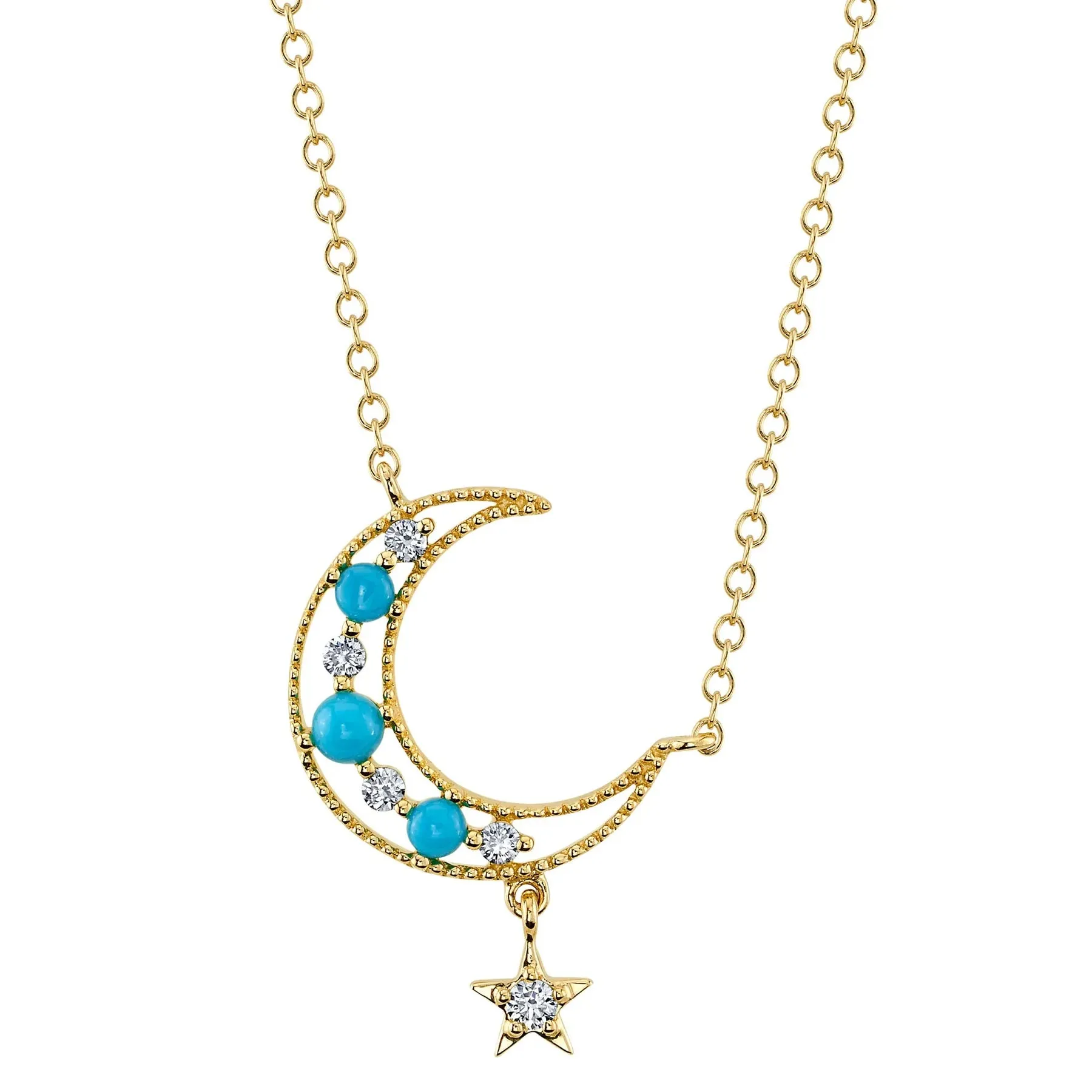 14K Yellow Gold Turquoise Diamond Crescent Moon & Star Pendant Necklace