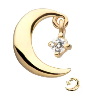 14kt Gold Crescent Moon Clear CZ Dangle Threadless Top