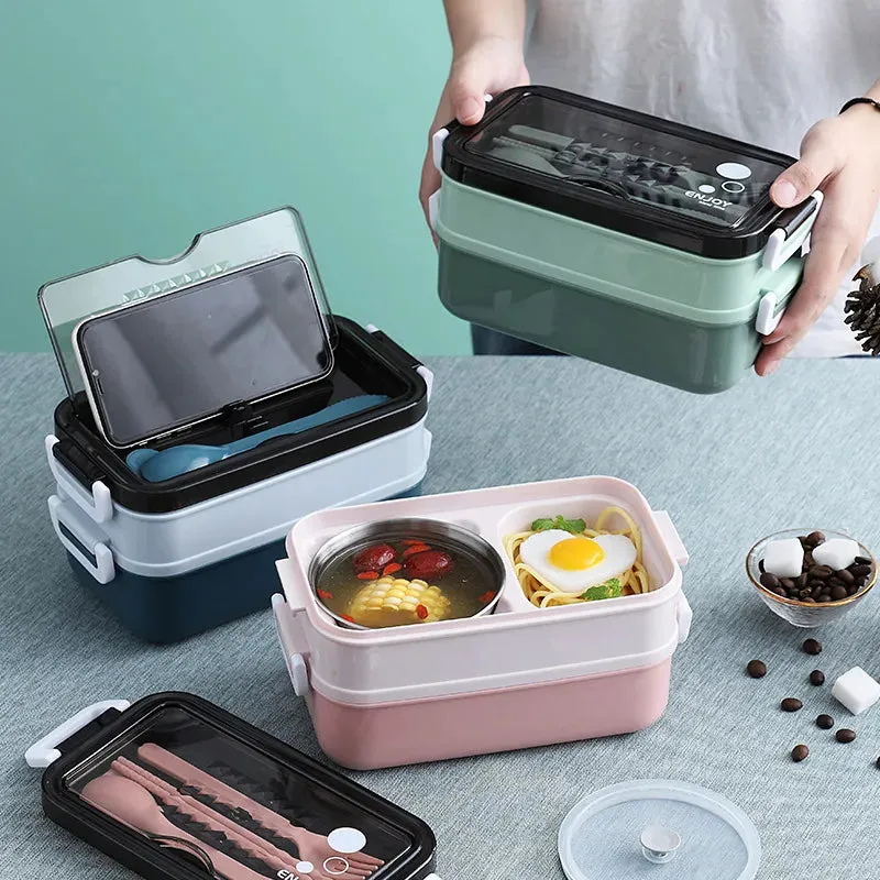 304 Stainless Steel Lunch Box 2Layers Bento Box For Student Office Worker Microwave Heating Food Sto