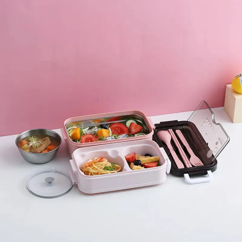 304 Stainless Steel Lunch Box 2Layers Bento Box For Student Office Worker Microwave Heating Food Sto