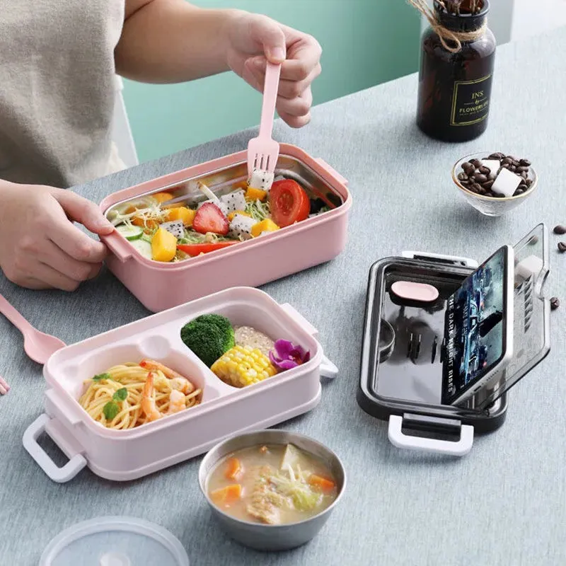 304 Stainless Steel Lunch Box 2Layers Bento Box For Student Office Worker Microwave Heating Food Sto