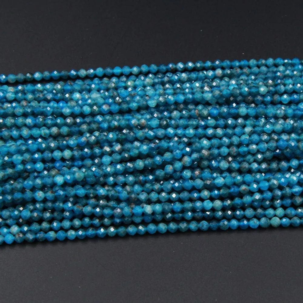 A Grade Micro Faceted Tiny Small Natural Blue Apatite Round Beads 3mm 4mm Faceted Round Beads Laser Diamond Cut Gemstone 16" Strand