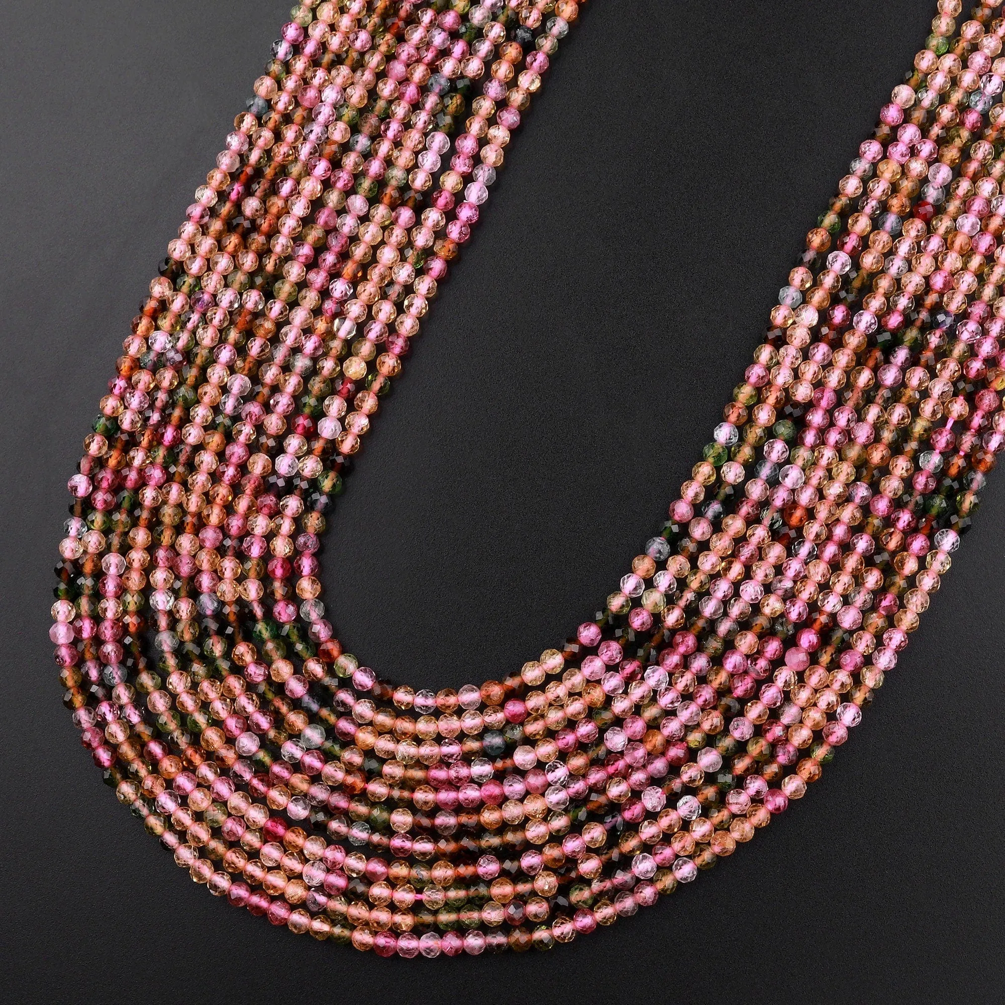 AAA Gem Grade Micro Faceted Natural Multicolor Tourmaline Round Beads 2mm Pink Green Translucent Gemstone 15.5" Strand