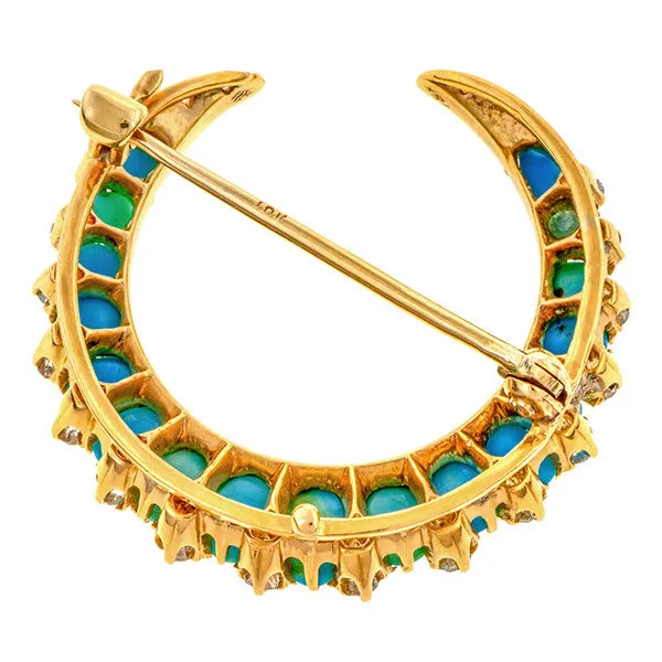 Antique Turquoise & Diamond Crescent Pin