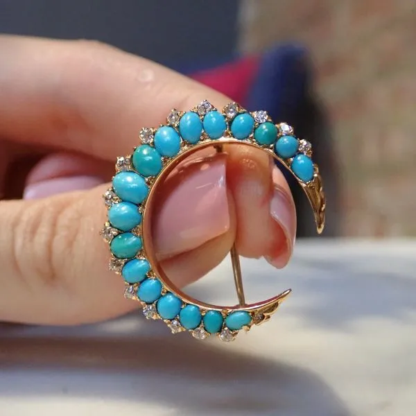 Antique Turquoise & Diamond Crescent Pin