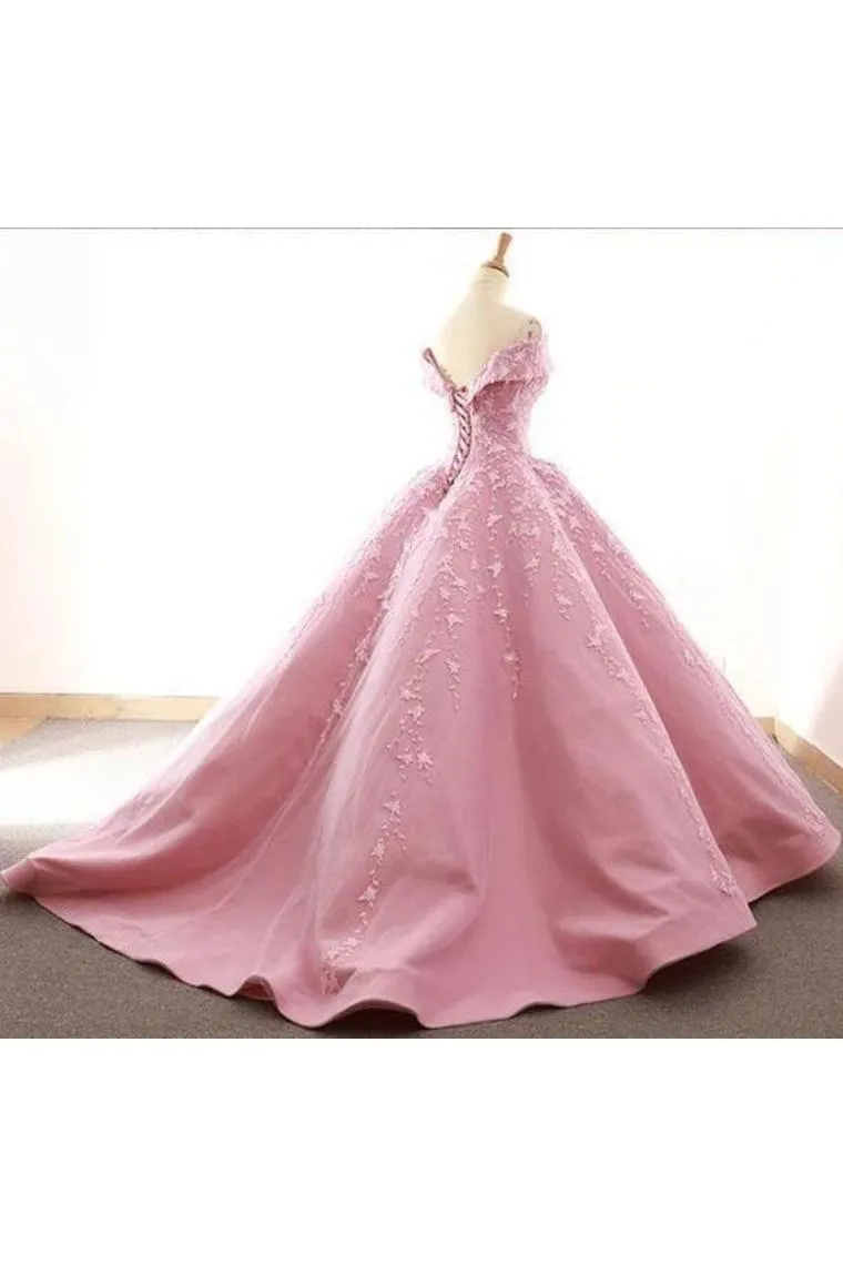 Ball Gown Off The Shoulder Satin Prom Dress With Appliques Long Quinceanera STKPDJZ6JB1