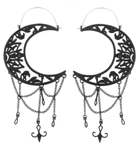 Black PVD Ornate Crescent Moon Dangle Chains Stainless Steel Plug Hoops