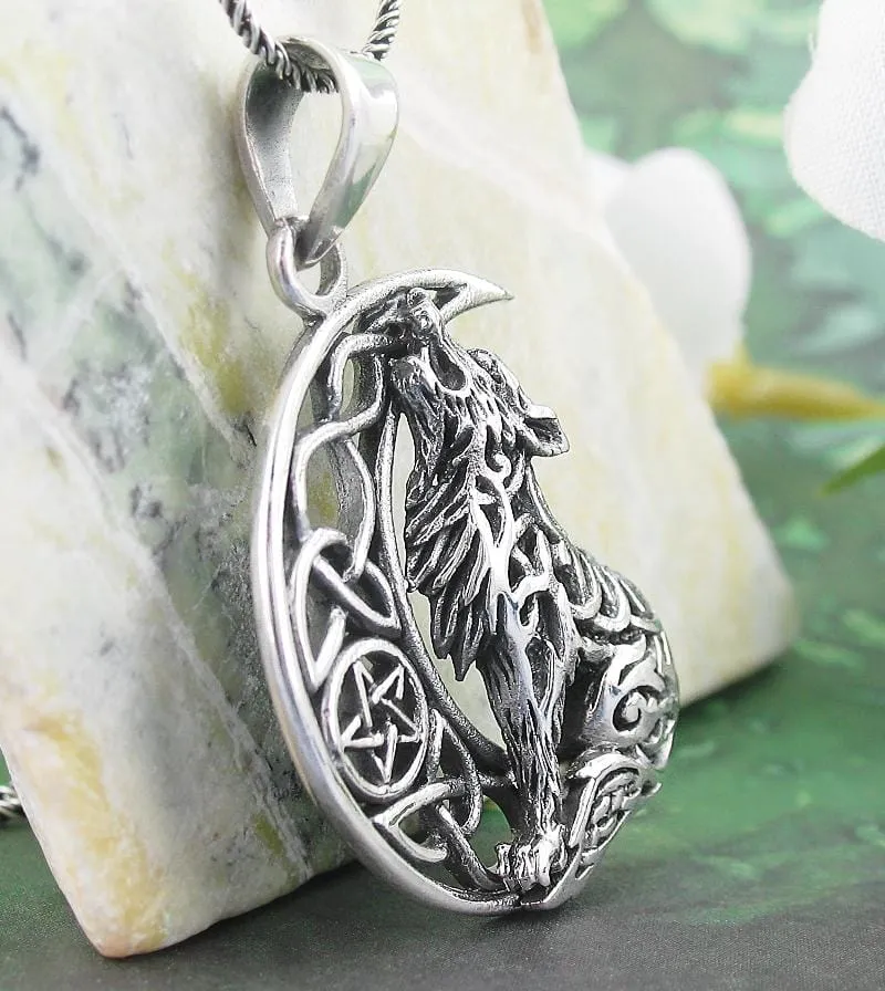 Celtic Wolf Howling at the Crescent Moon Pendant