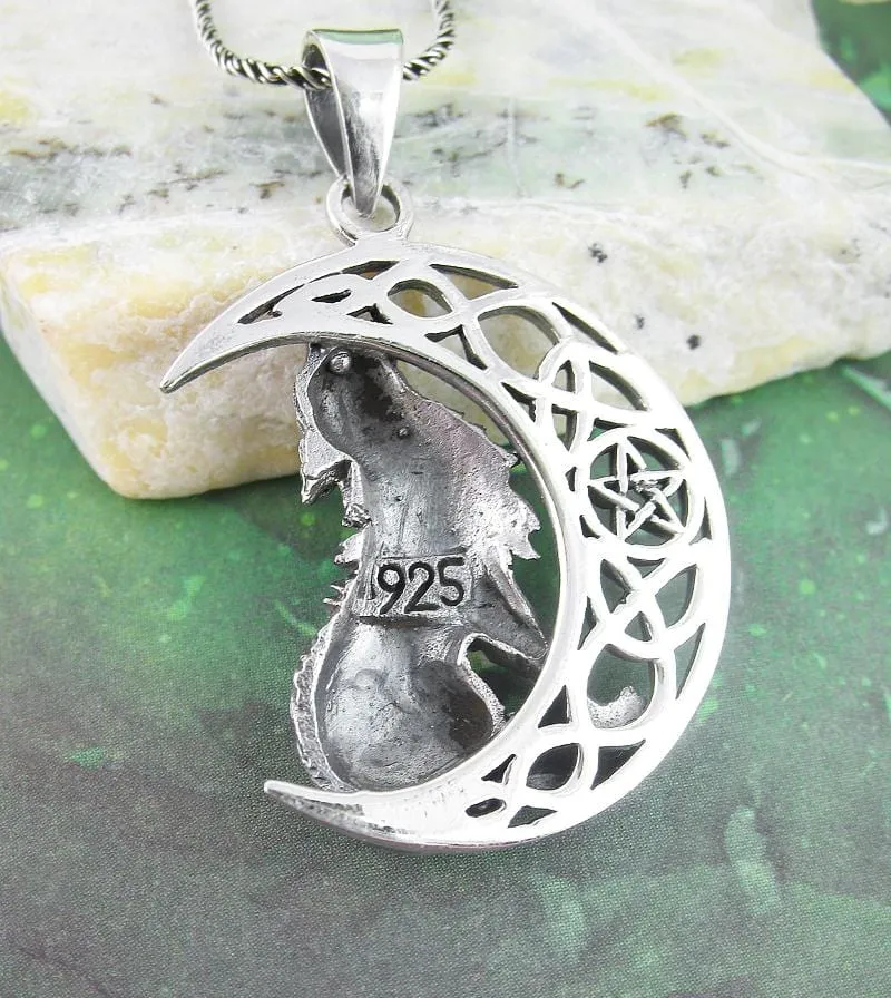 Celtic Wolf Howling at the Crescent Moon Pendant