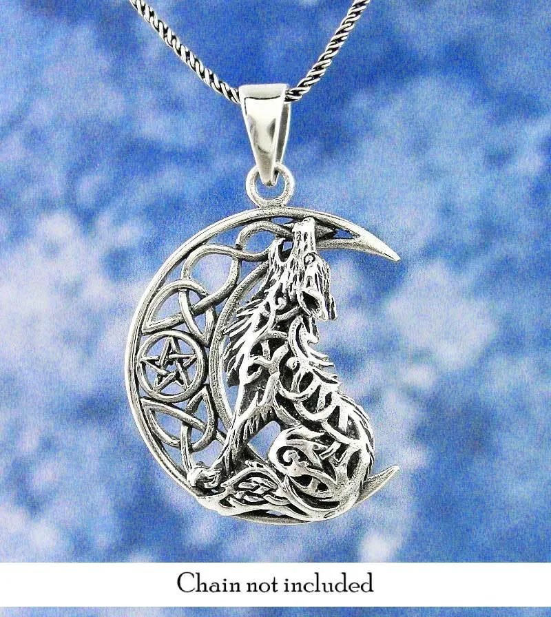 Celtic Wolf Howling at the Crescent Moon Pendant