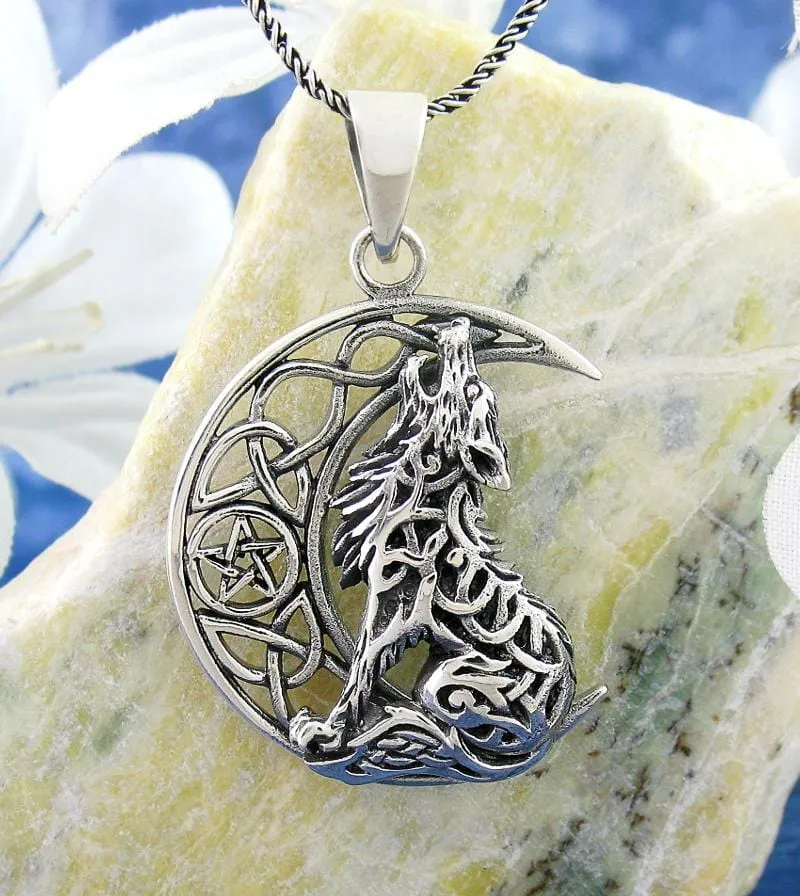 Celtic Wolf Howling at the Crescent Moon Pendant