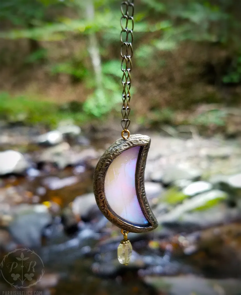 Citrine Iridescent Luna Crescent ~ Stained Glass Amulet