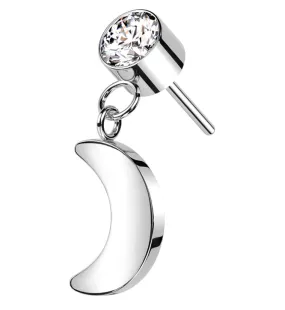 Clear CZ Dangle Crescent Moon Titanium Threadless Top