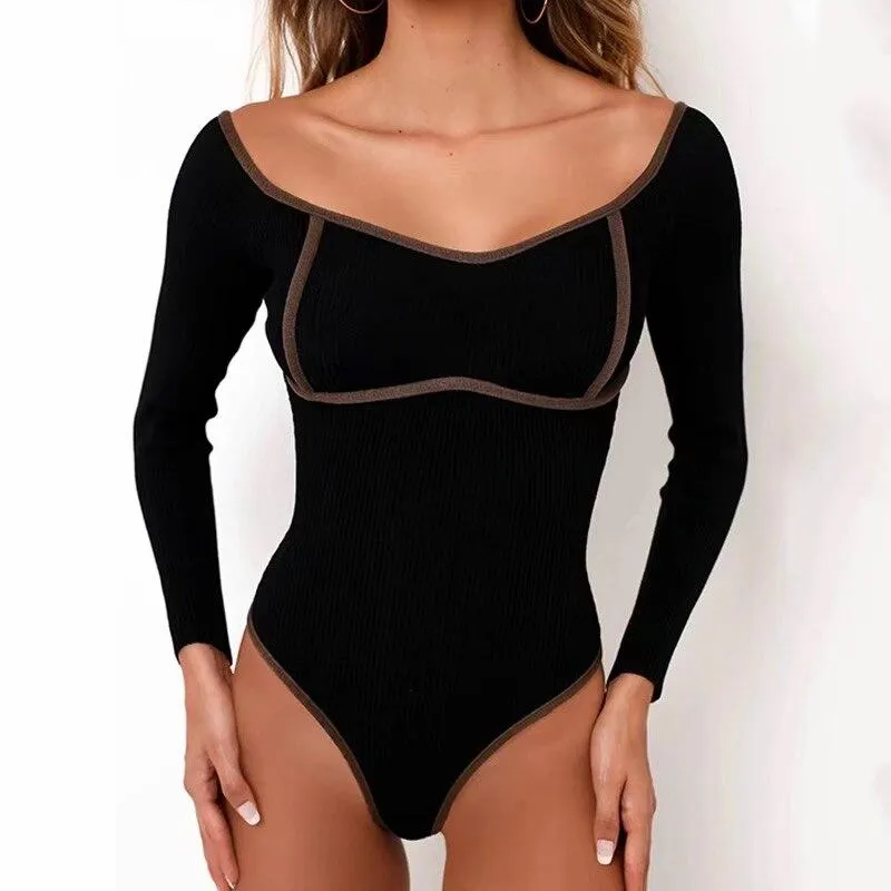 Contrast color Chest Crescent Moon Backless Knitted Bodysuit