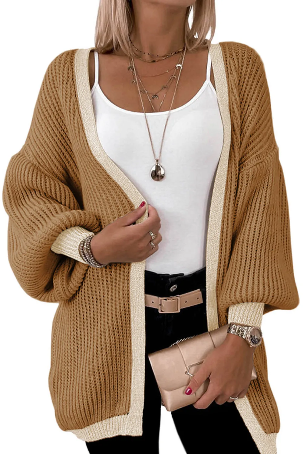 Contrast Solid Drop Shoulder Cardigan