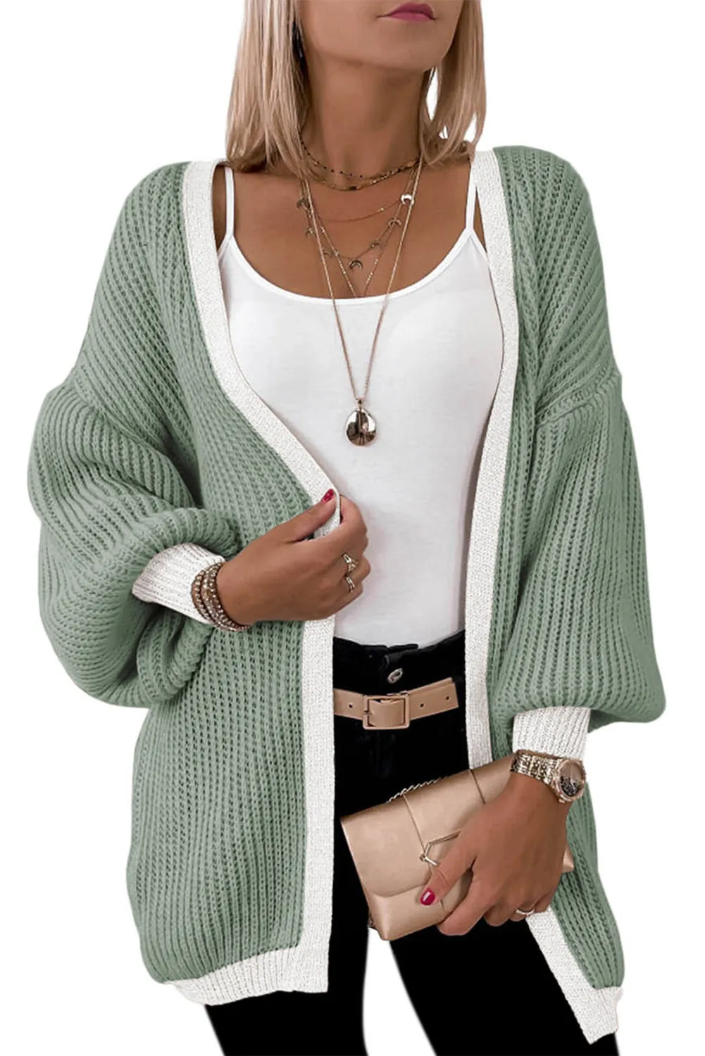 Contrast Solid Drop Shoulder Cardigan