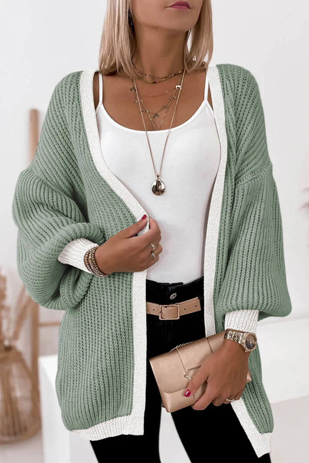 Contrast Solid Drop Shoulder Cardigan