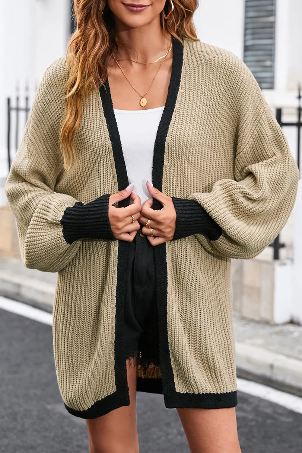 Contrast Solid Drop Shoulder Cardigan