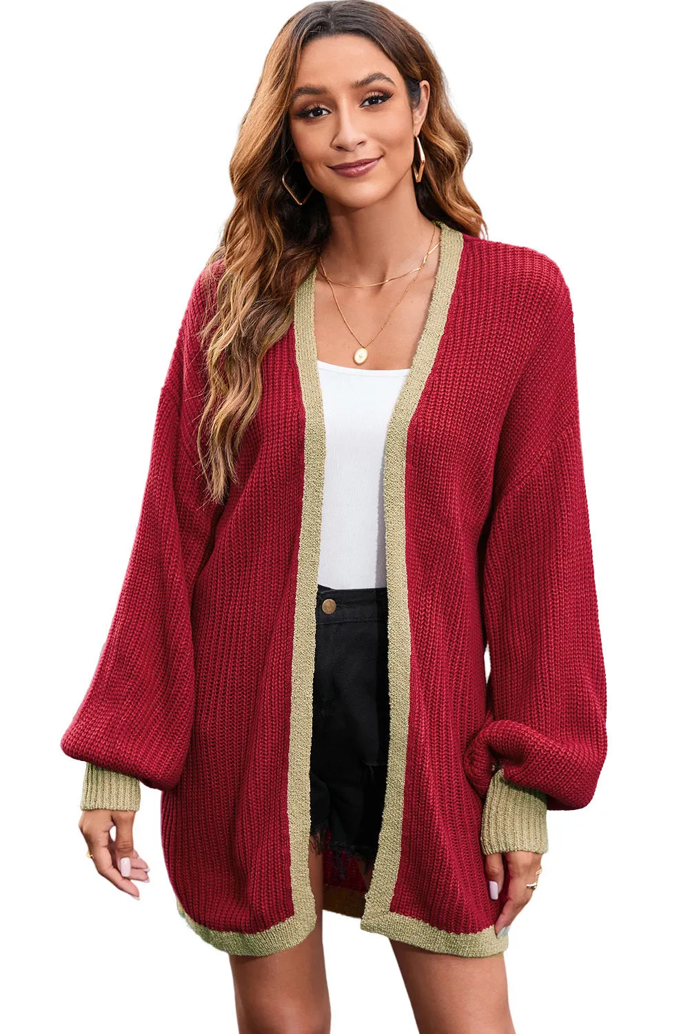 Contrast Solid Drop Shoulder Cardigan