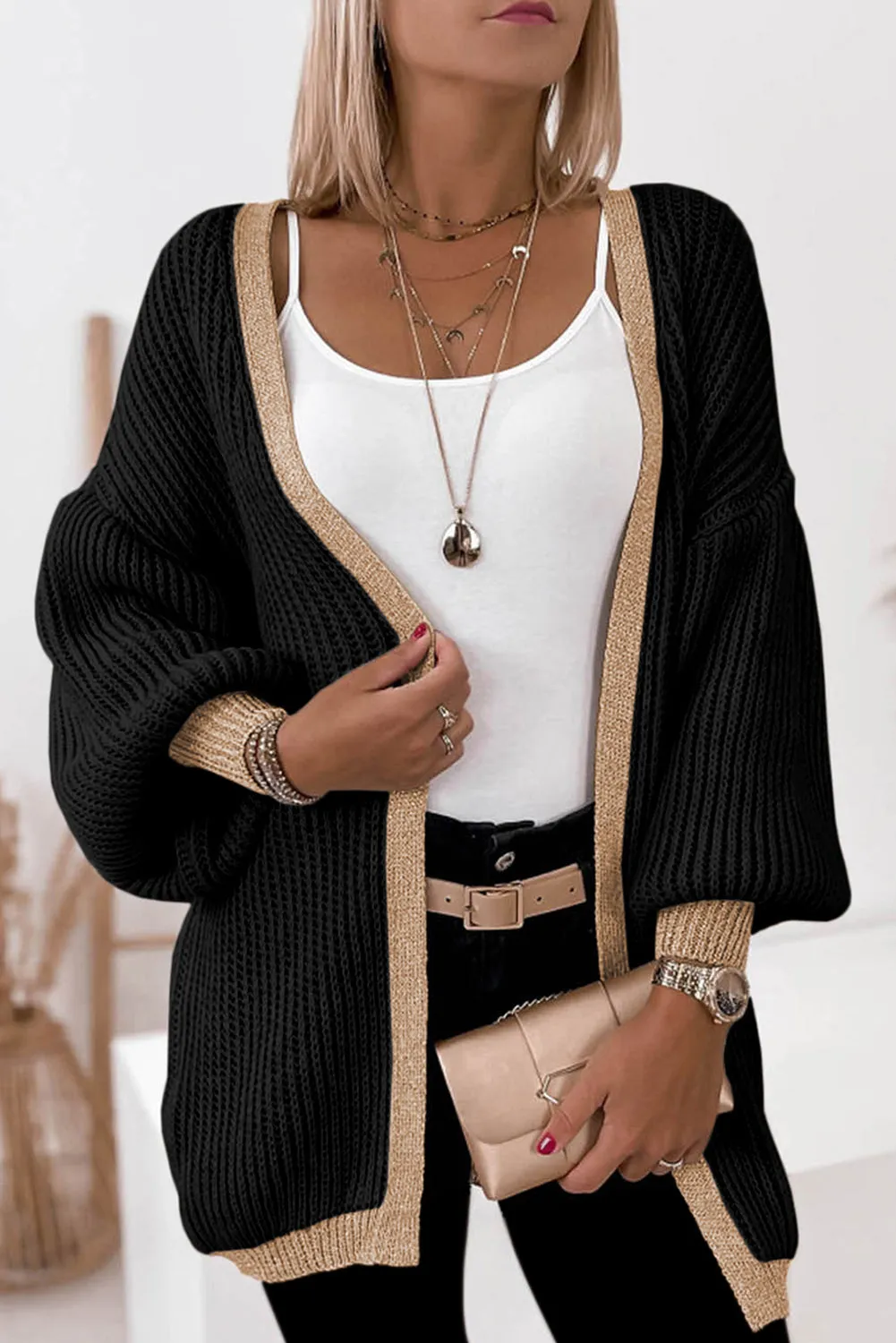 Contrast Solid Drop Shoulder Cardigan