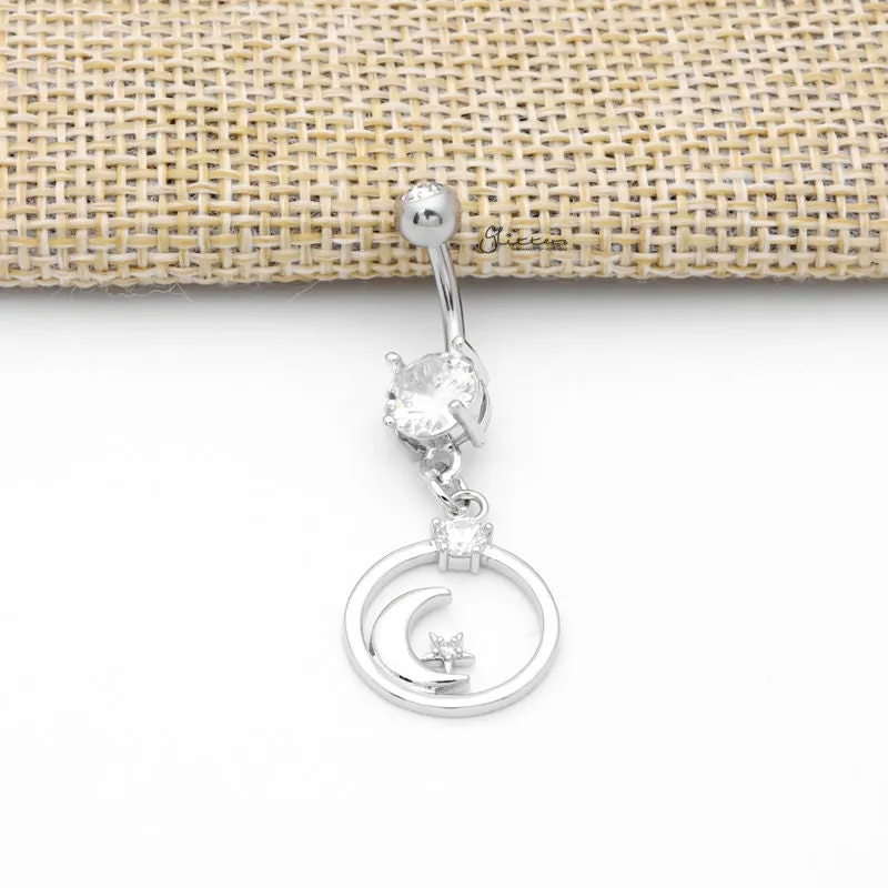 Crescent Moon and CZ Star Dangle Belly Button Ring - Silver