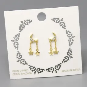 Crescent Moon And Star Charm Gold Dipped Drop Earrings