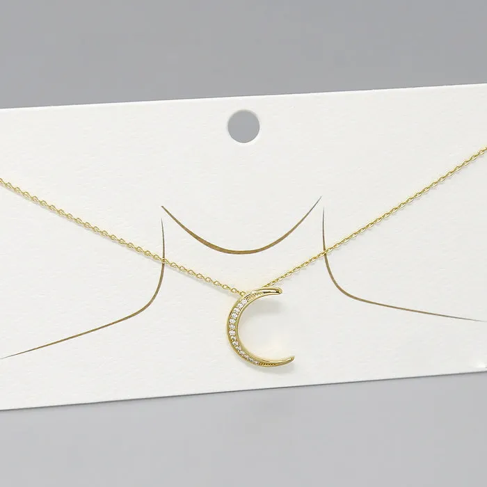 Crescent Moon CZ Pave Pendant Short Necklace