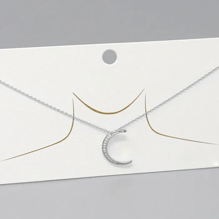 Crescent Moon CZ Pave Pendant Short Necklace