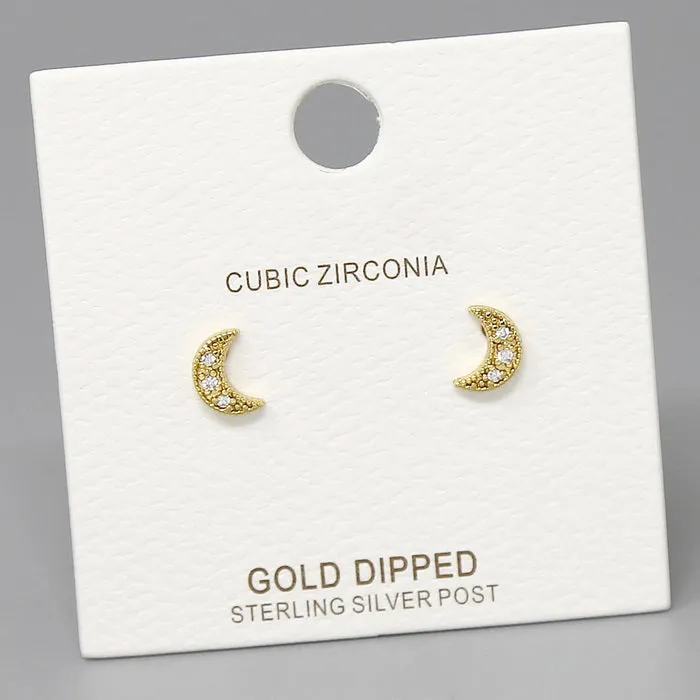 Crescent Moon CZ Pave Stud Earrings