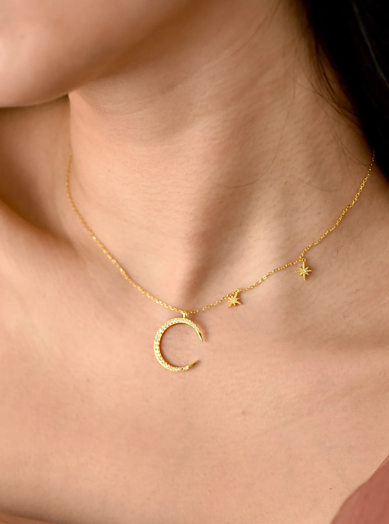 Crescent Moon with 2 Dangling Stars Necklace