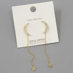 Crescent Moon With Star Chain Drop Earrings