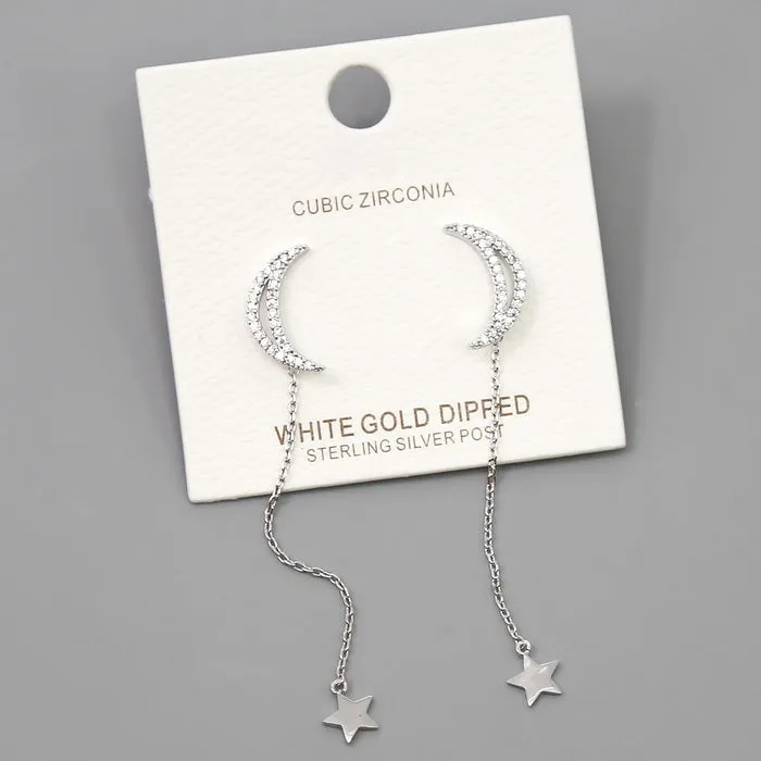 Crescent Moon With Star Chain Drop Earrings