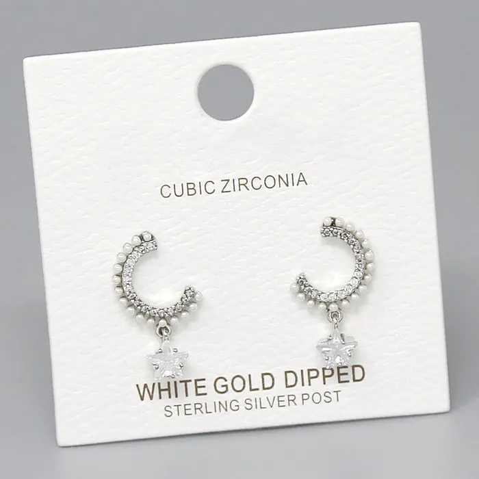 Crescent With Star CZ Drop Earrings