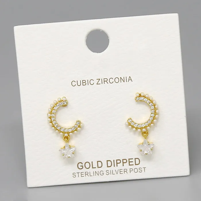 Crescent With Star CZ Drop Earrings