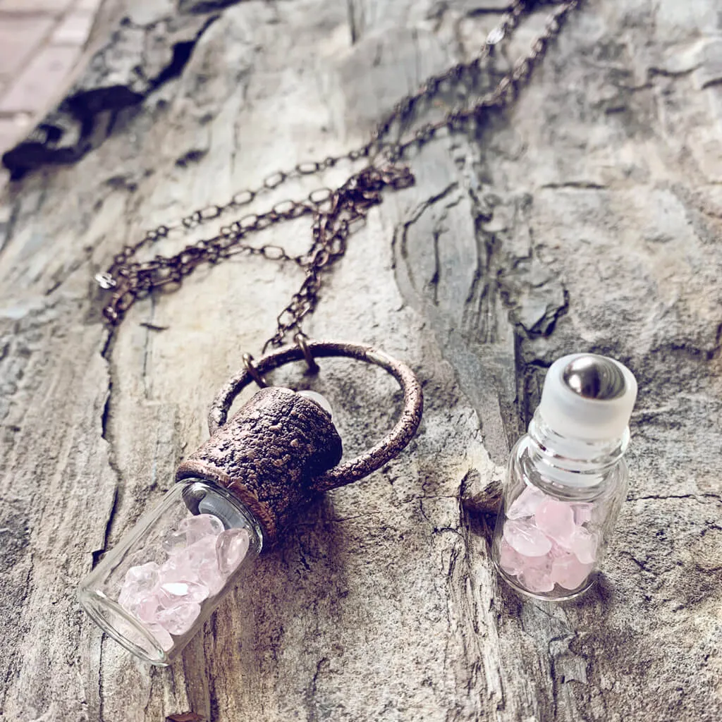 enchantment // copper electroformed crystal gemstone infused roller ball essential oil necklace