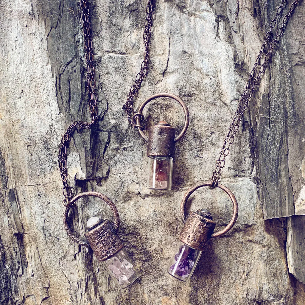 enchantment // copper electroformed crystal gemstone infused roller ball essential oil necklace