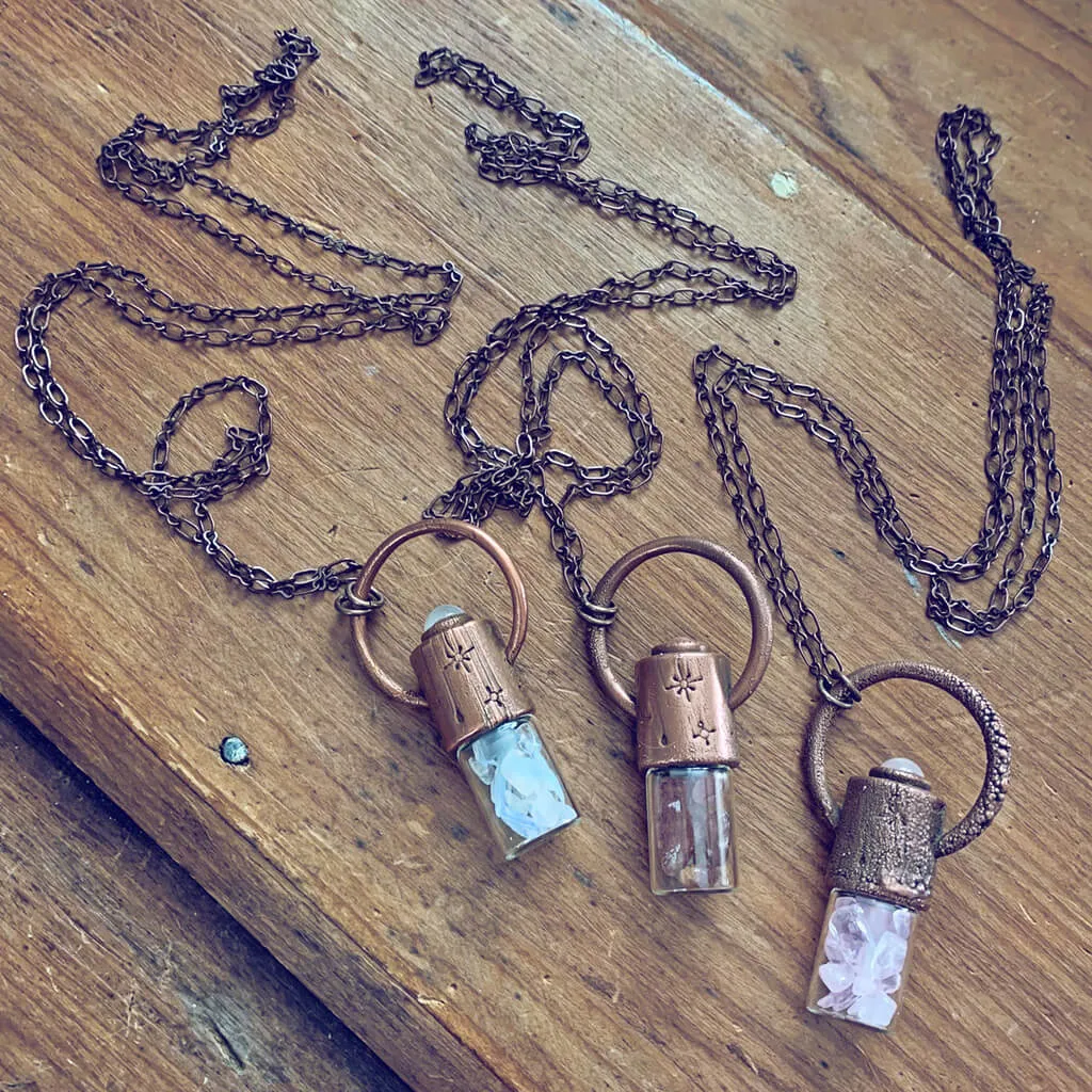 enchantment // copper electroformed crystal gemstone infused roller ball essential oil necklace