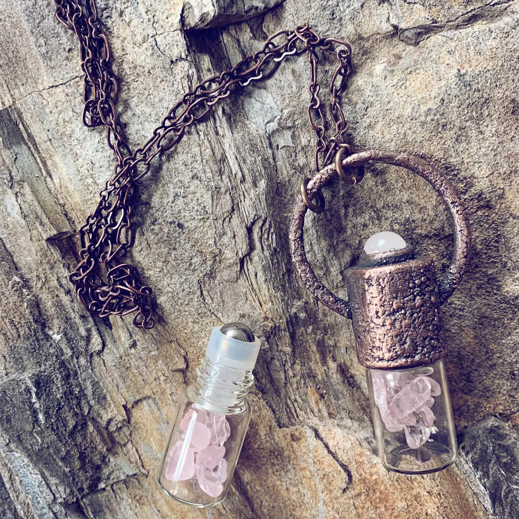 enchantment // copper electroformed crystal gemstone infused roller ball essential oil necklace