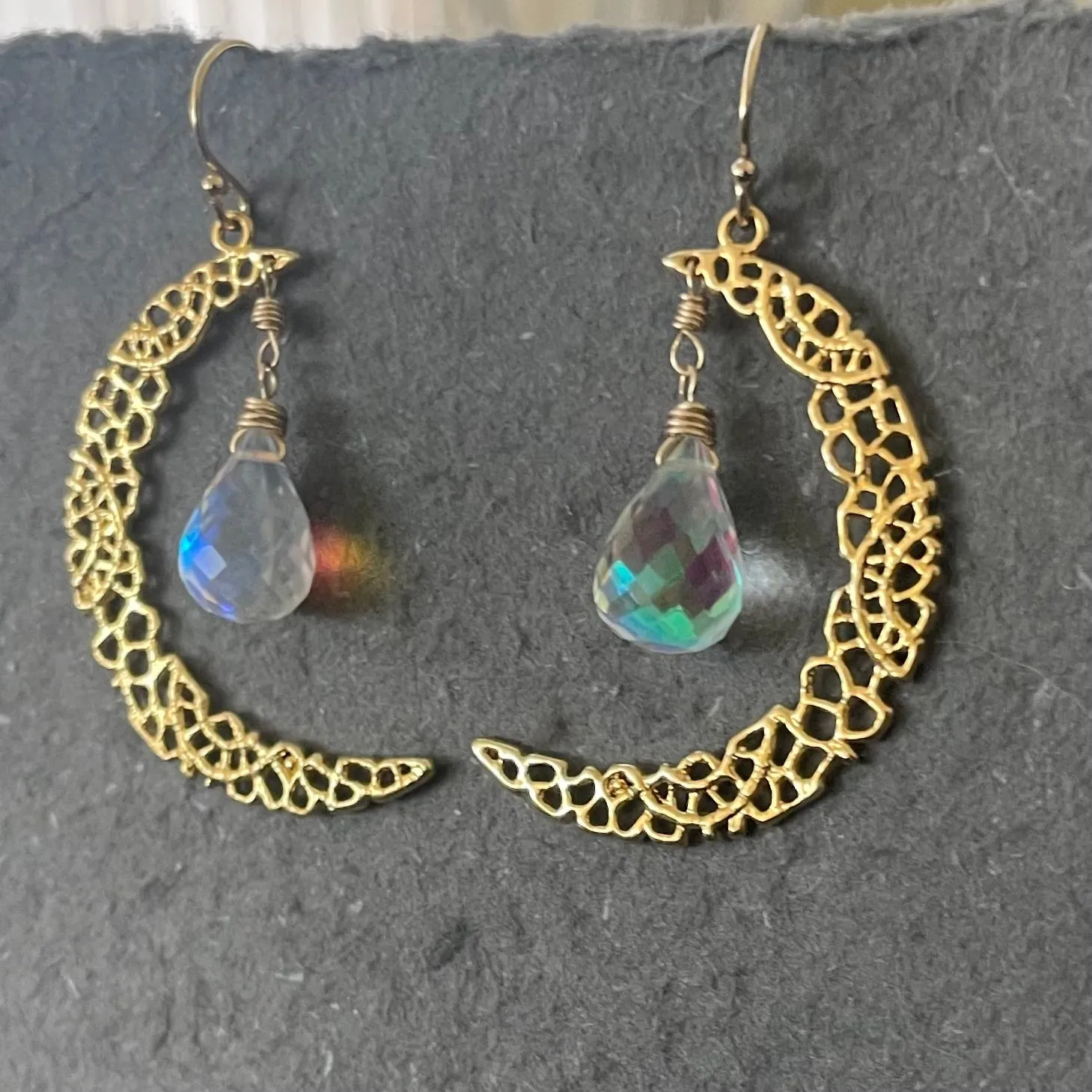 Fire Moonstone Crescent Moon Gold Vermeil Earrings