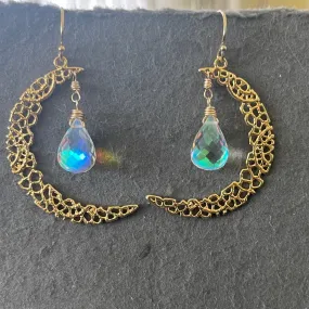 Fire Moonstone Crescent Moon Gold Vermeil Earrings