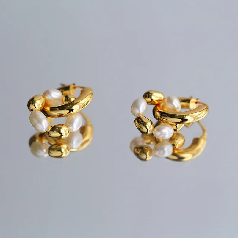 Gold Bean Hoops Pearl Earring Gold Vermeil